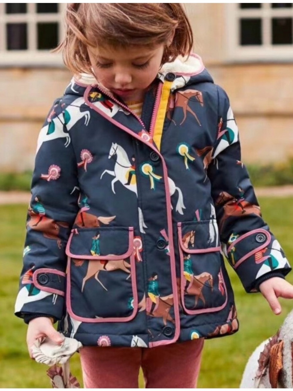 Mini Boden coat Navy blue Equestrian horse riding Print girl size 2-3 Sherpa